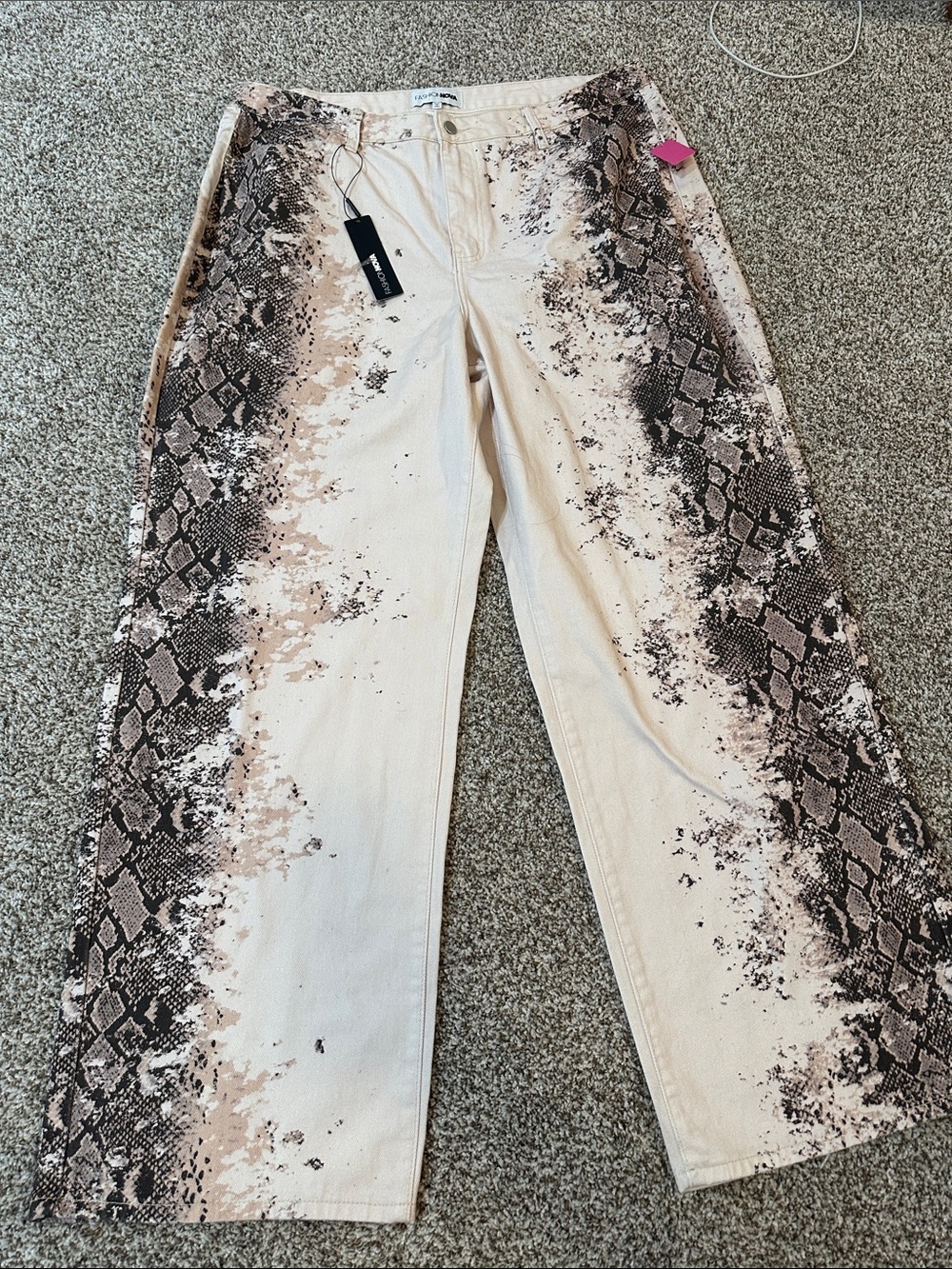 Fashion Nova Beige Snake Print Wide Leg Jeans